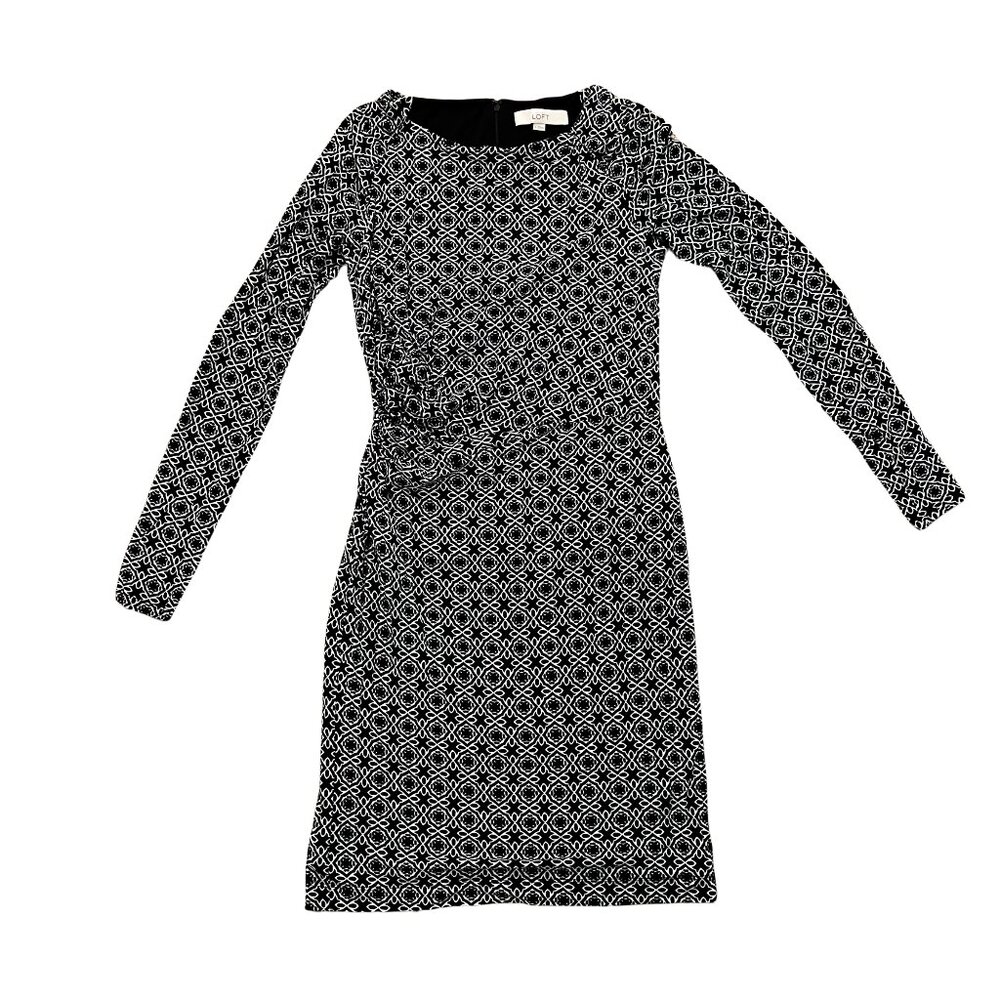 LOFT Black and White Mosaic Side Pleat Knee Length Long Sleeve Dress, Size S